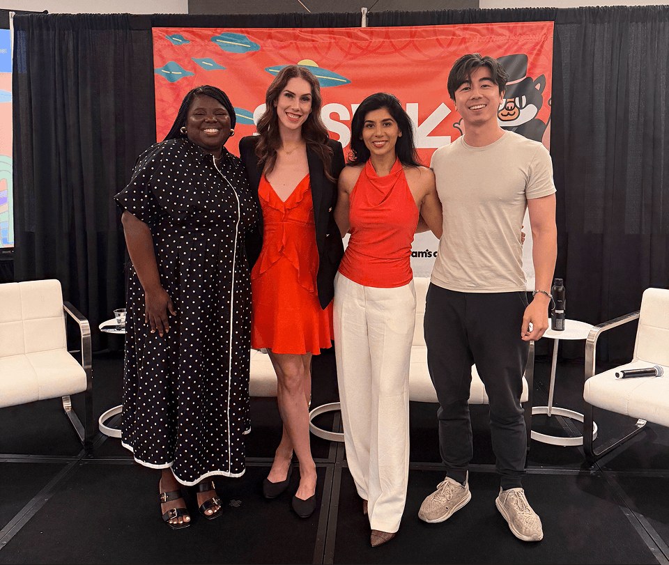 Teachable panel at SXSW 2026 in Austin where the survey on AI and paid courses was shared, with Olivia Owens, Cassandra Bankson, Sundas Khalid, and Eugene Yao